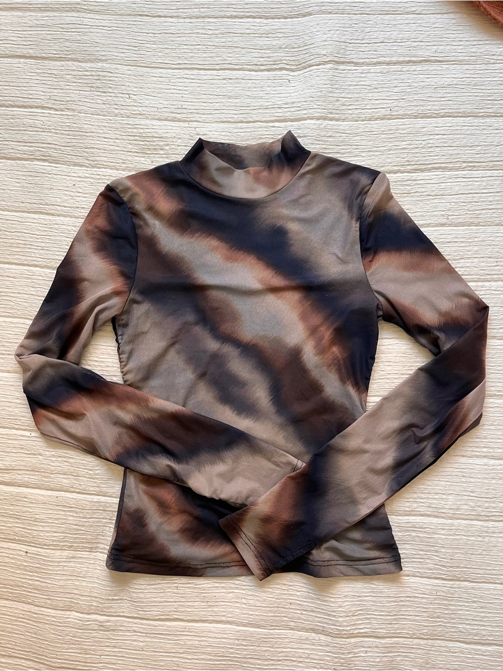 Brown Tie-Dye Mock Neck Long Sleeve Mesh Top
